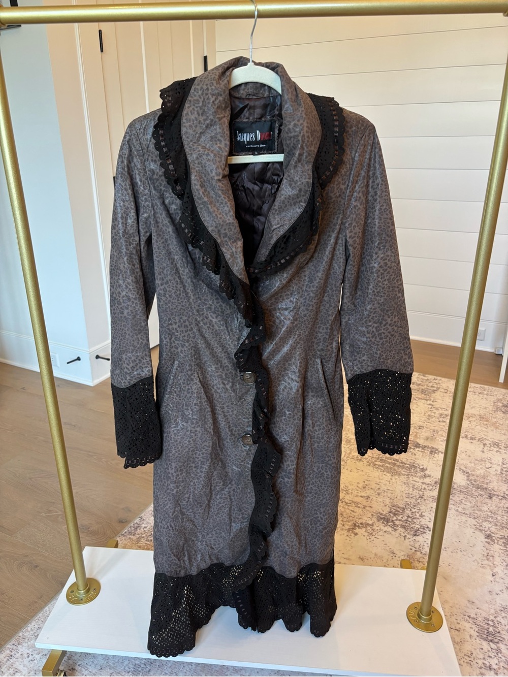 Vintage Women's Jacques Duomor Gray Leopard-Print Ruffle Trim Coat